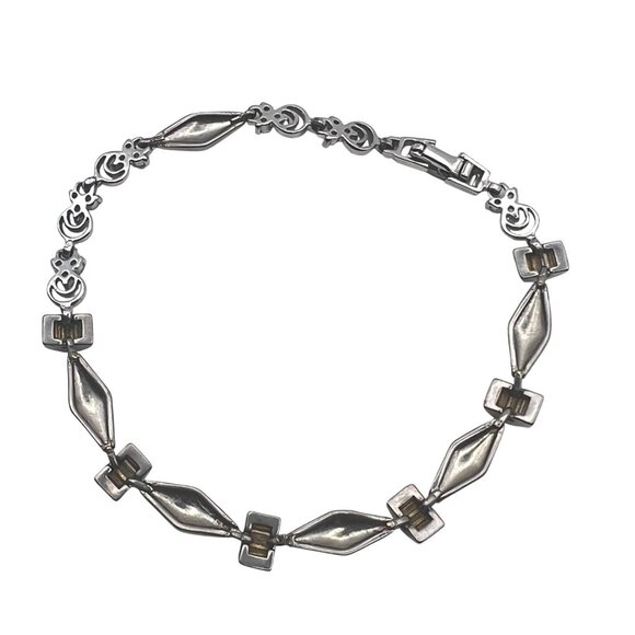 Silver Tone Bracelet Geometric  Floral Links Size 7.25" Fold-Over Clasp Vintage - Picture 10 of 10